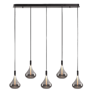 Cape Grape Smoke Glass LED Pendant Light with five teardrop-shaped shades hanging from a black ceiling mount.