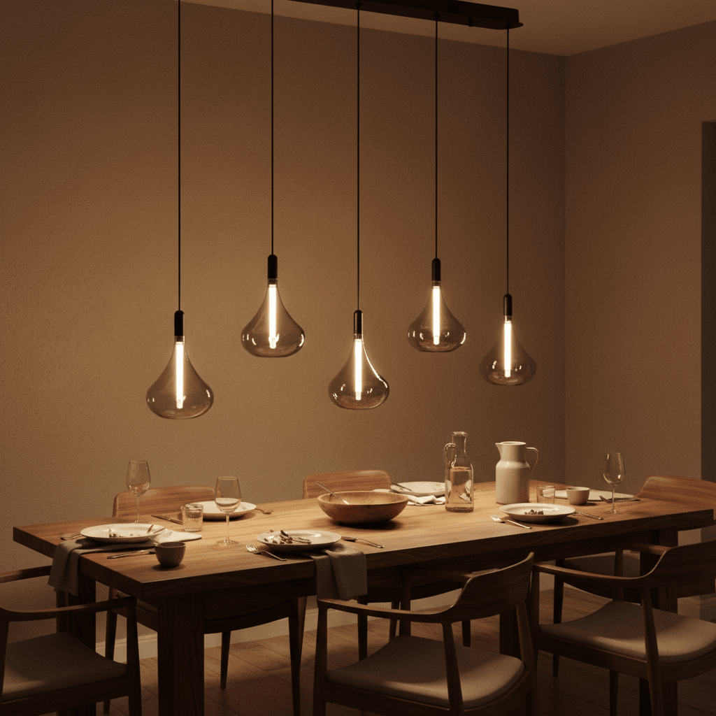 Elegant smoke glass pendant lights hanging above a wooden dining table set for a meal.