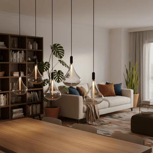 Five smoke glass pendant lights hang above a wooden dining table in a modern living space.