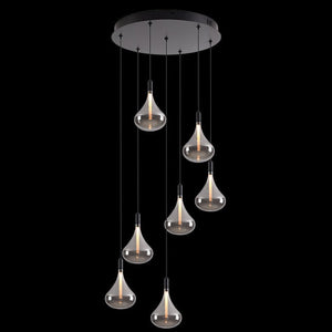 Modern pendant light with multiple glass bulbs on a black background