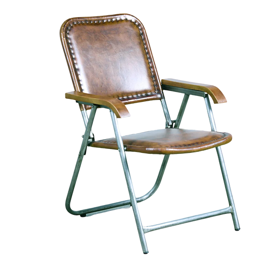 Brown leather folding chair with wooden armrests and a metal frame on a black background