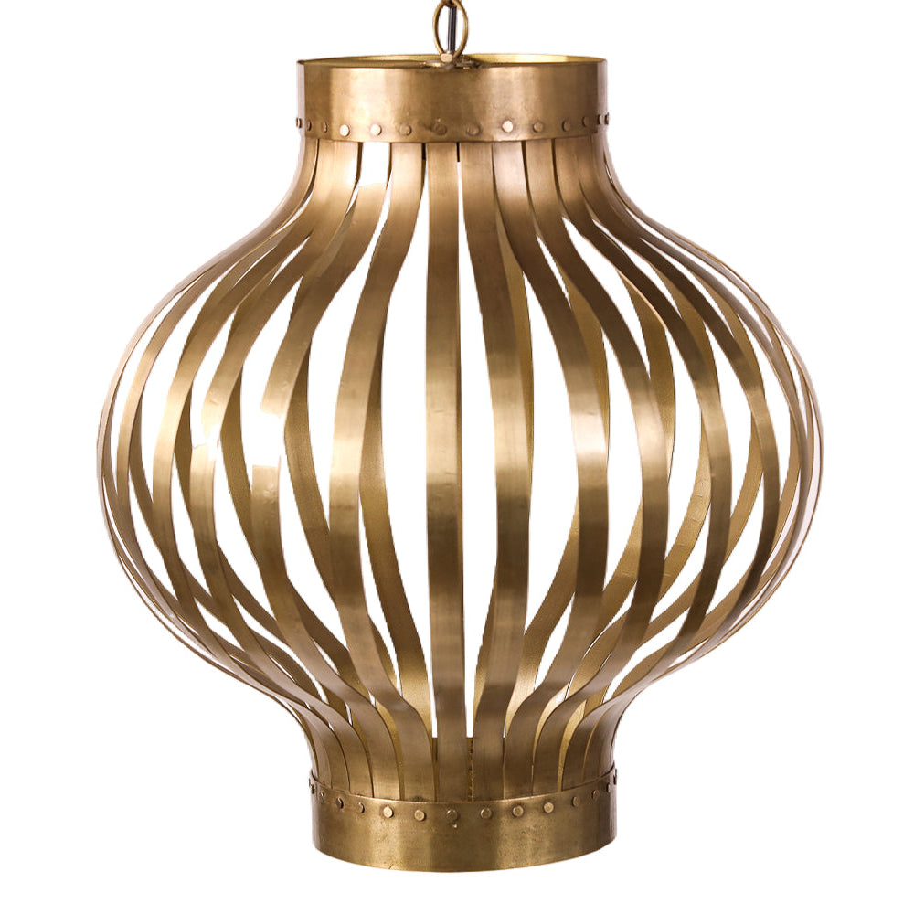 Golden steel pendant light with a sculptural decorative form