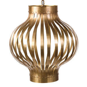 Golden steel pendant light with a sculptural decorative form
