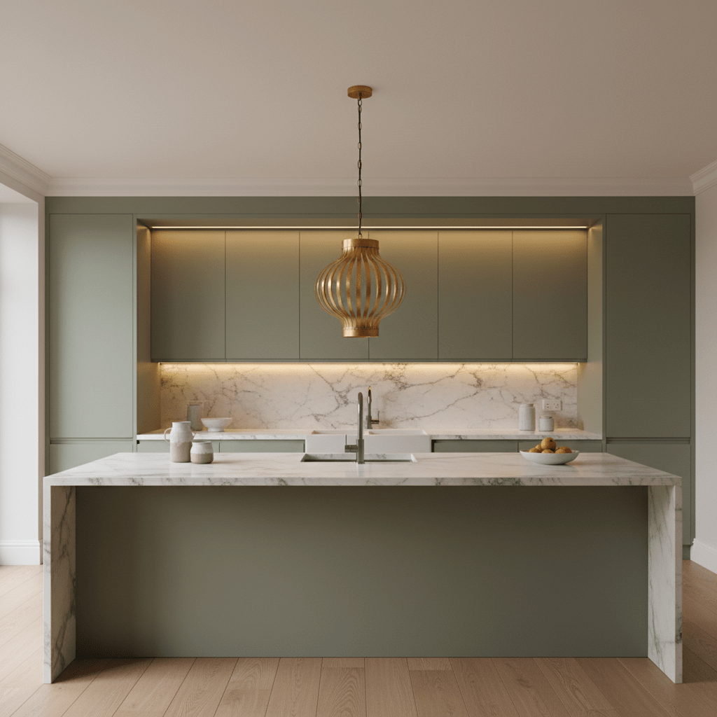 Golden Aura Steel Pendant Light hanging above a modern kitchen island with marble countertop and green cabinetry.
