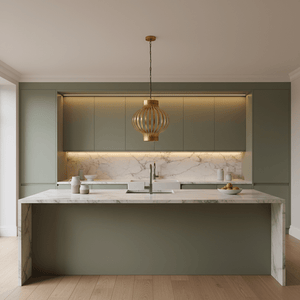 Golden Aura Steel Pendant Light hanging above a modern kitchen island with marble countertop and green cabinetry.