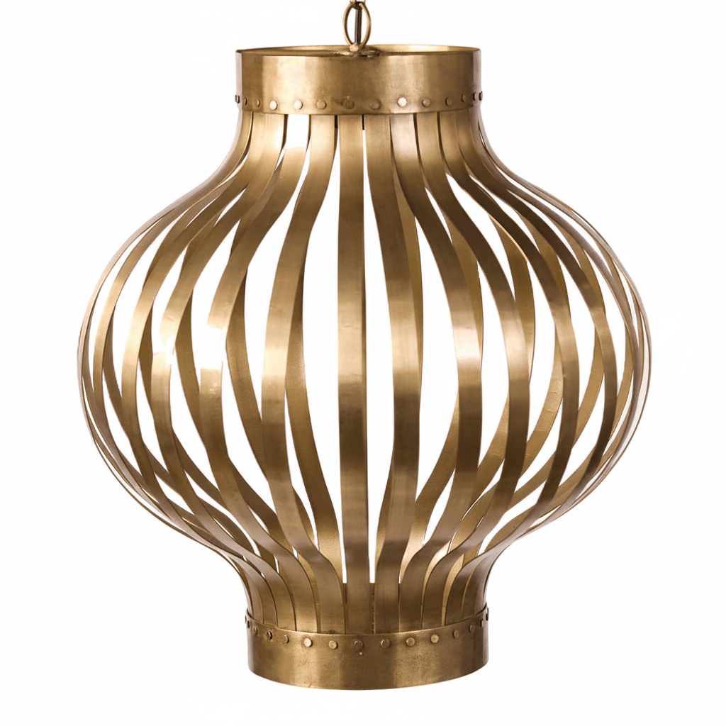 Golden Aura Steel Pendant Light with sculptural design and warm golden finish, showcasing its elegant form.