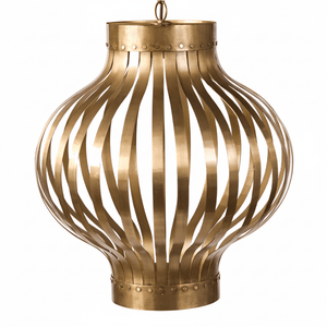 Golden Aura Steel Pendant Light with sculptural design and warm golden finish, showcasing its elegant form.