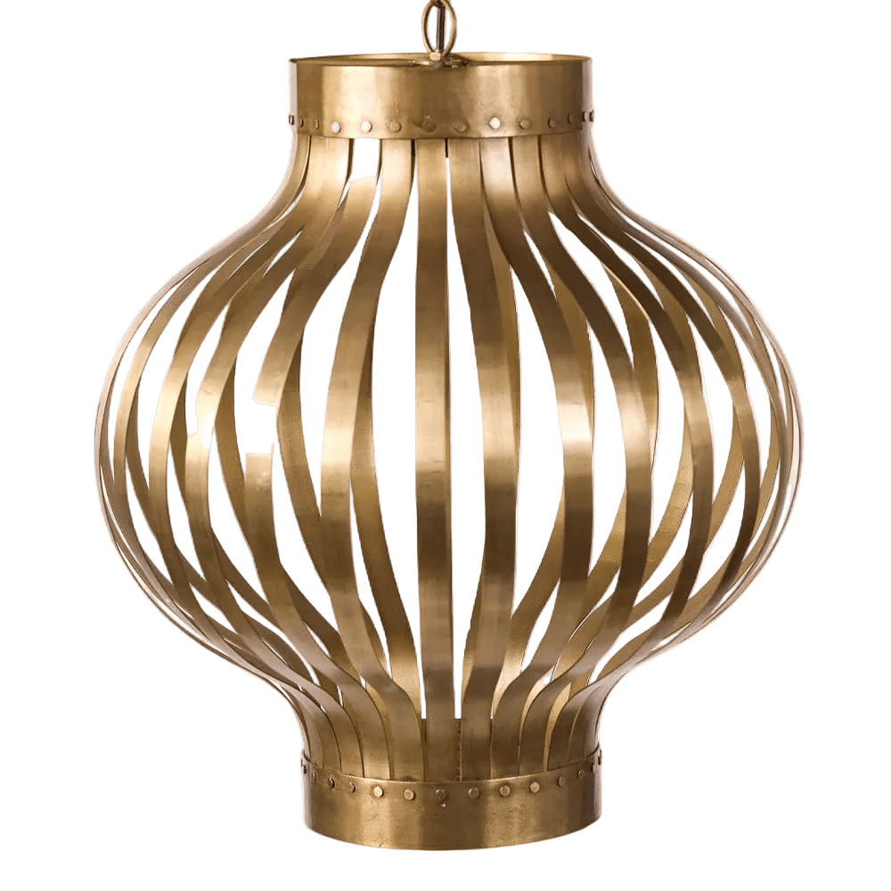A golden steel pendant light with a rounded shape and vertical slats, featuring a smooth finish and decorative rivets.