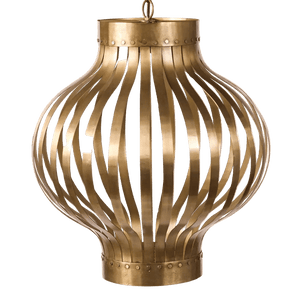 A golden steel pendant light with a rounded shape and vertical slats, featuring a smooth finish and decorative rivets.