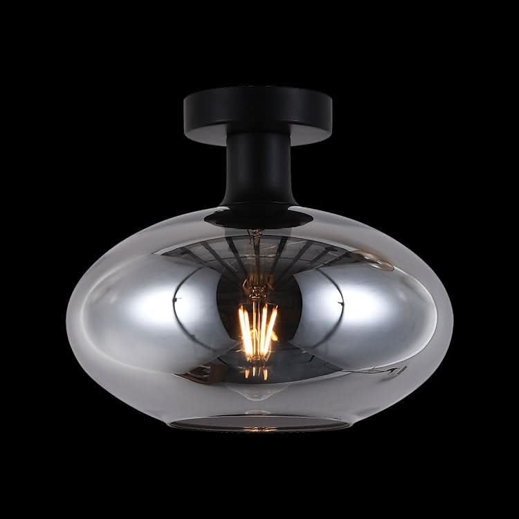 Close-up view of the Smokey Orb Ceiling Light showcasing its smoked glass design and black finish.