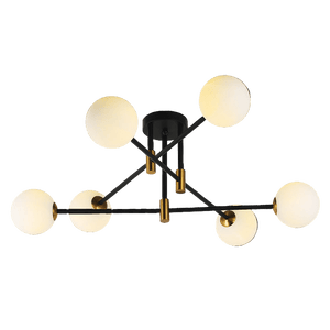 Modern chandelier with six round glass shades on a black background