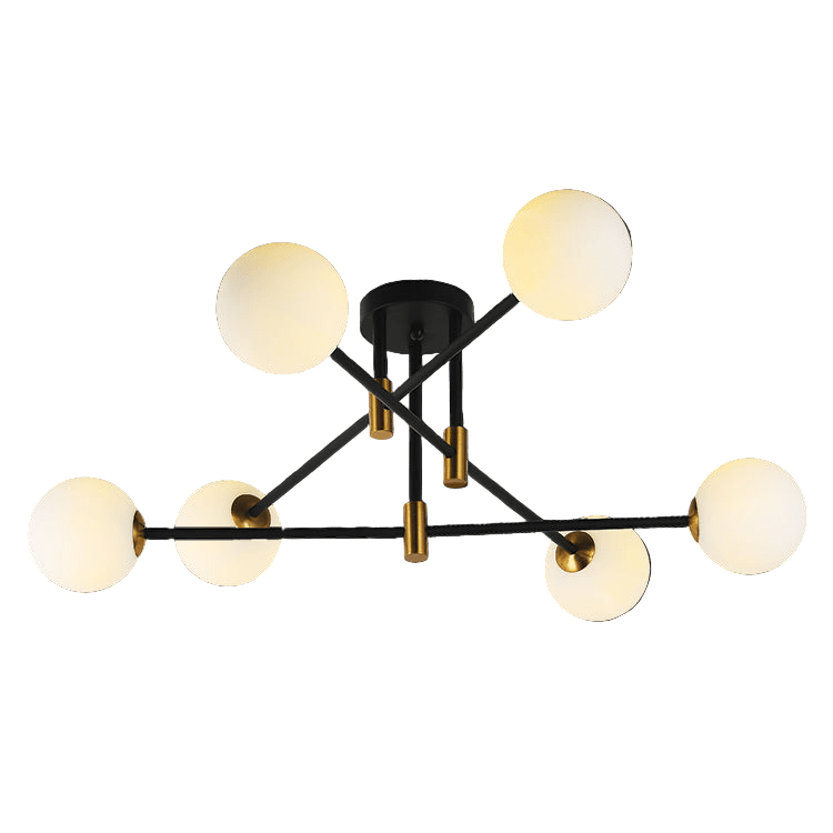 Modern chandelier with six round glass shades on a black background