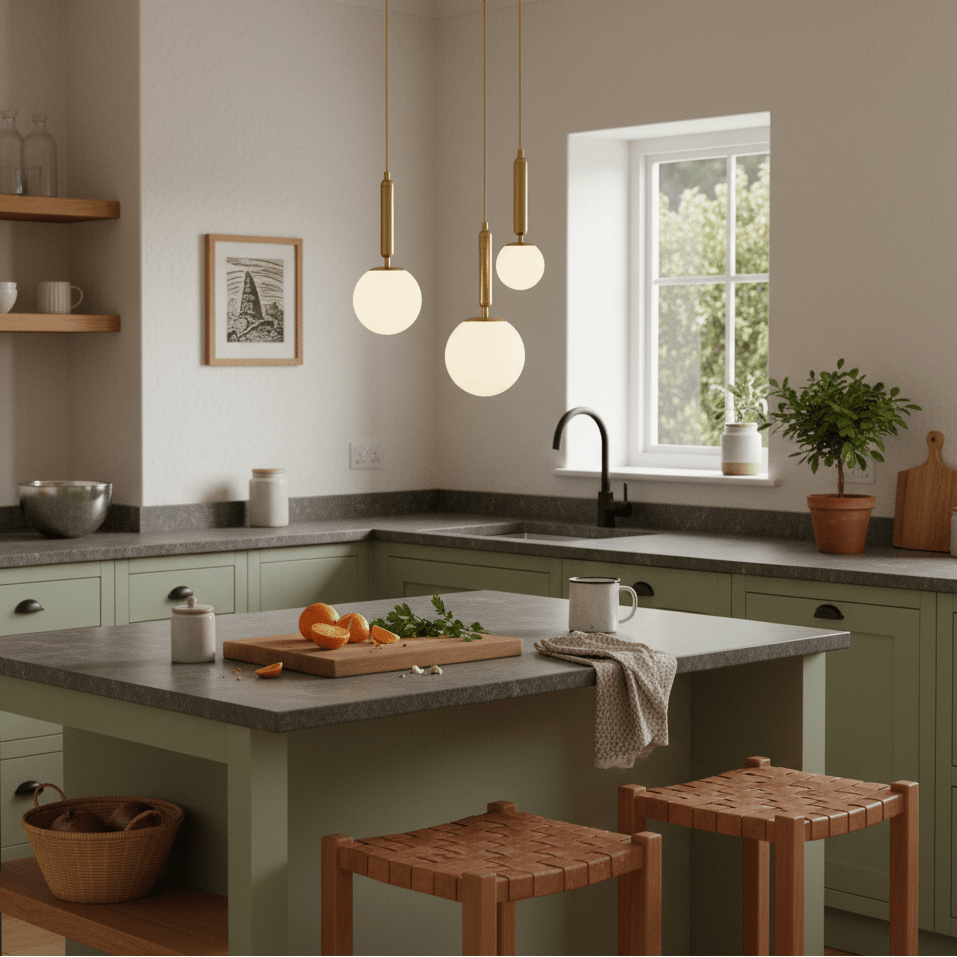Three opal glass shades of the pendant light hang above a kitchen island with green cabinetry.