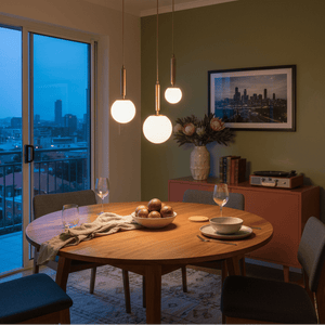 Three opal glass shades of the pendant light hang above a wooden dining table set with dishes and a vase.