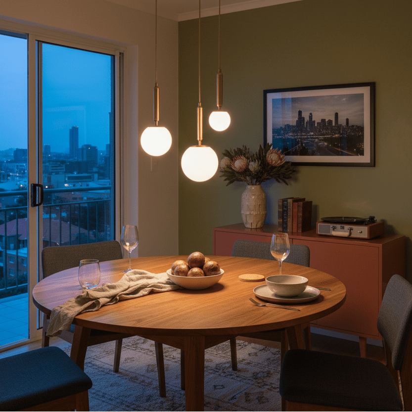 Three opal glass shades of the pendant light hang above a wooden dining table set with dishes and a vase.