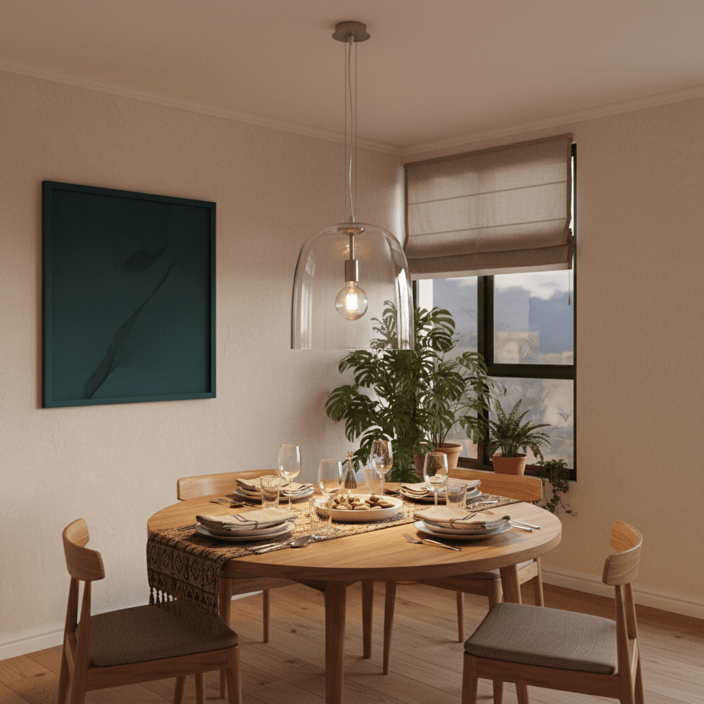 Clear glass dome pendant light hanging above a wooden dining table set with plates and glasses.