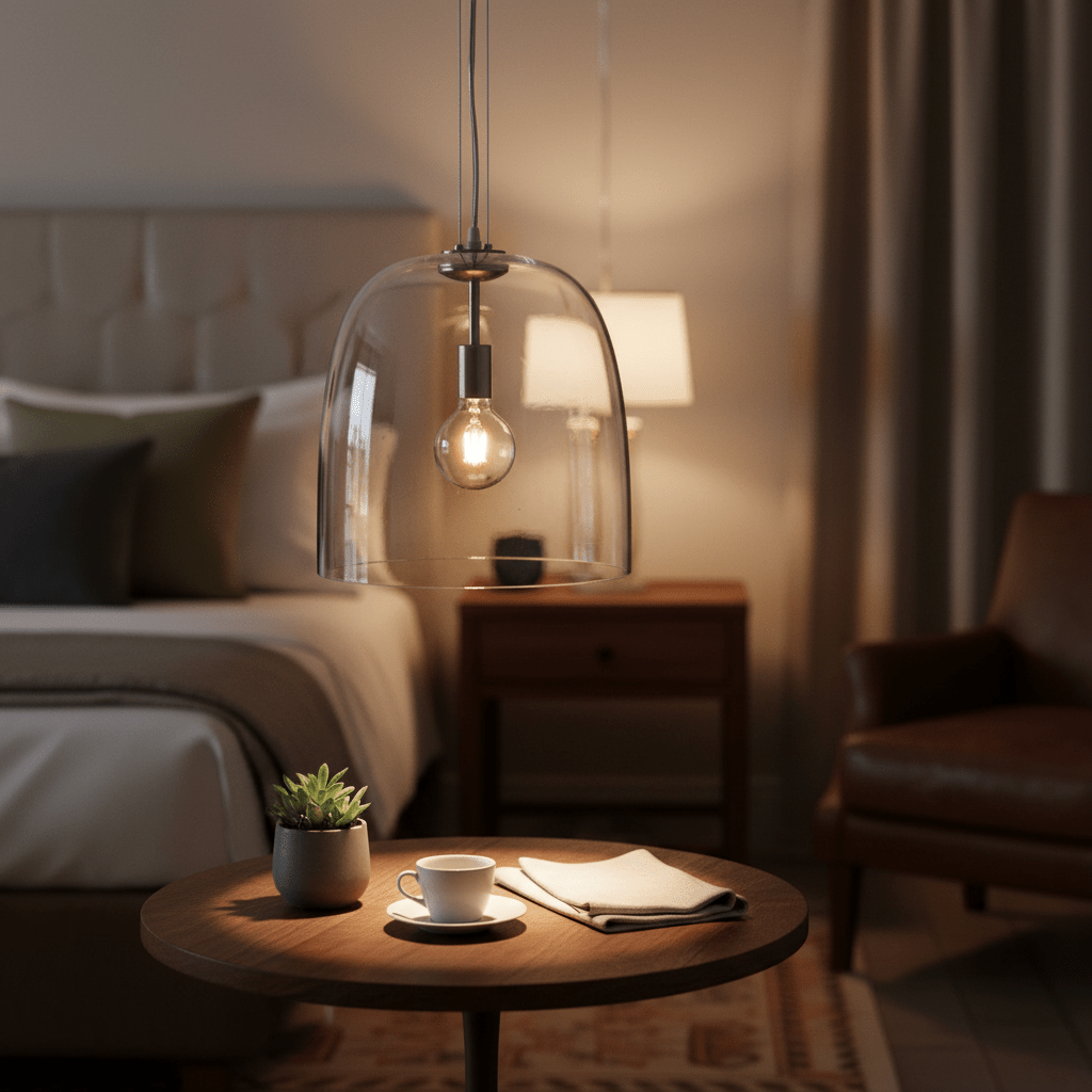 Clear glass dome pendant light hanging above a wooden table with a coffee cup and plant.