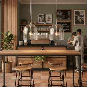 Clear glass dome pendant lights hang above a wooden table in a cozy café setting.