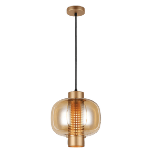 Gold pendant light with glass shade on a black background