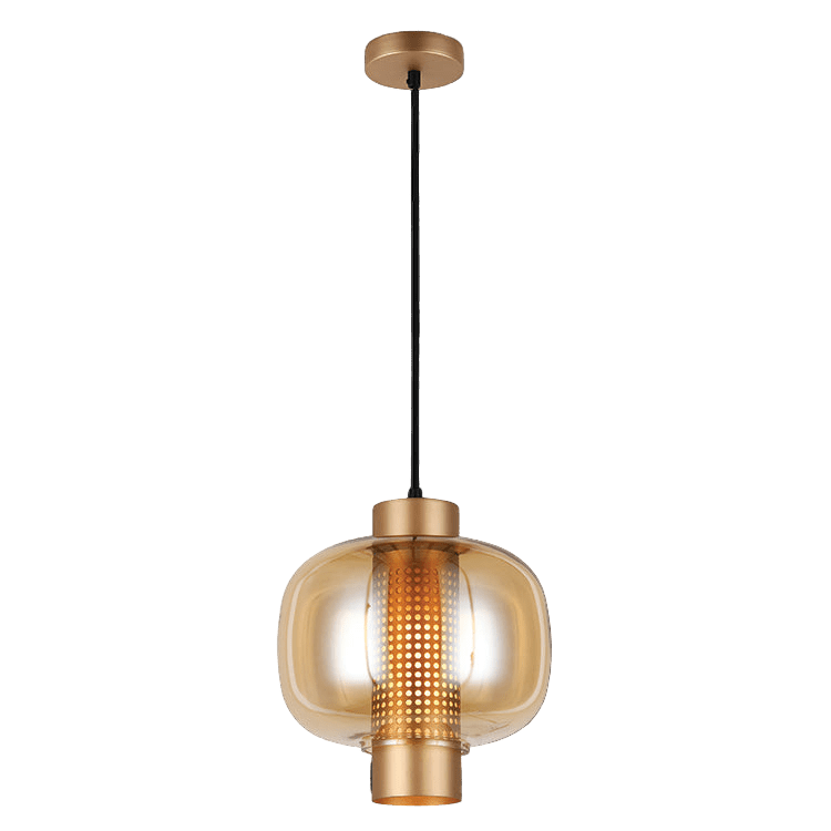 Gold pendant light with glass shade on a black background