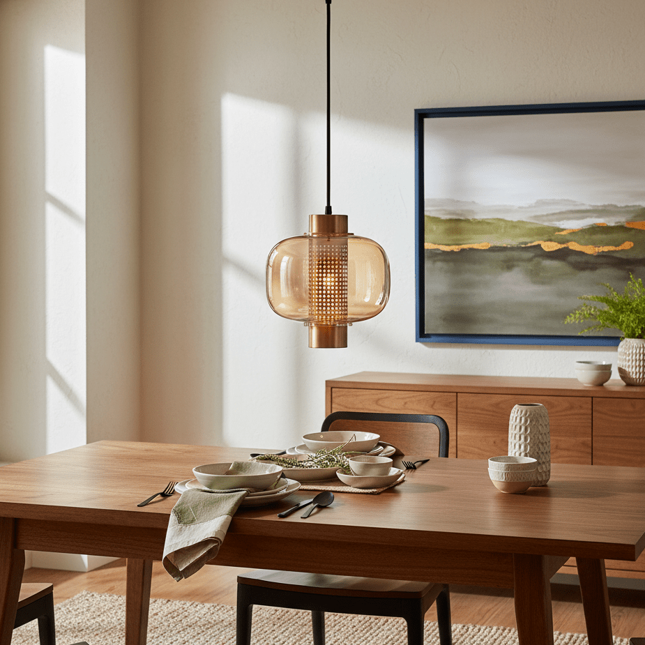 Gold glass pendant light hanging above a wooden dining table set with plates and cutlery.