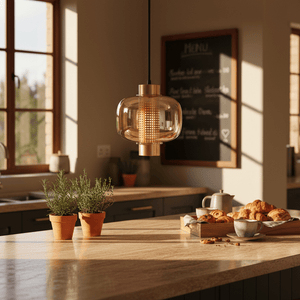 Gold glass pendant light hanging over a kitchen island with herbs and baked goods on the counter.