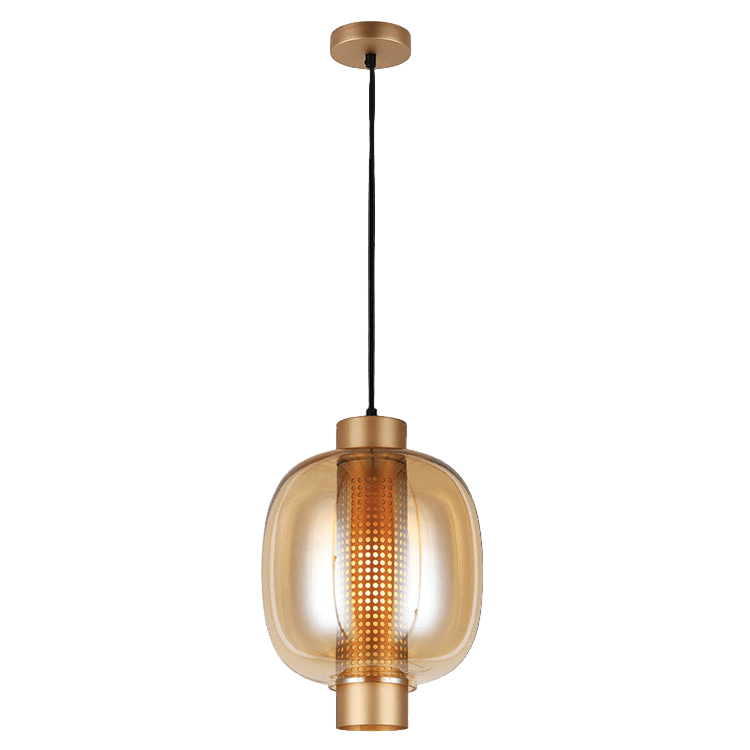 Modern pendant light with gold and bronze design on a black background