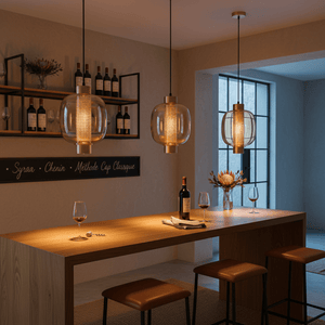 Three gold glass pendant lights hang over a wooden tasting table with wine bottles, glasses and stools.
