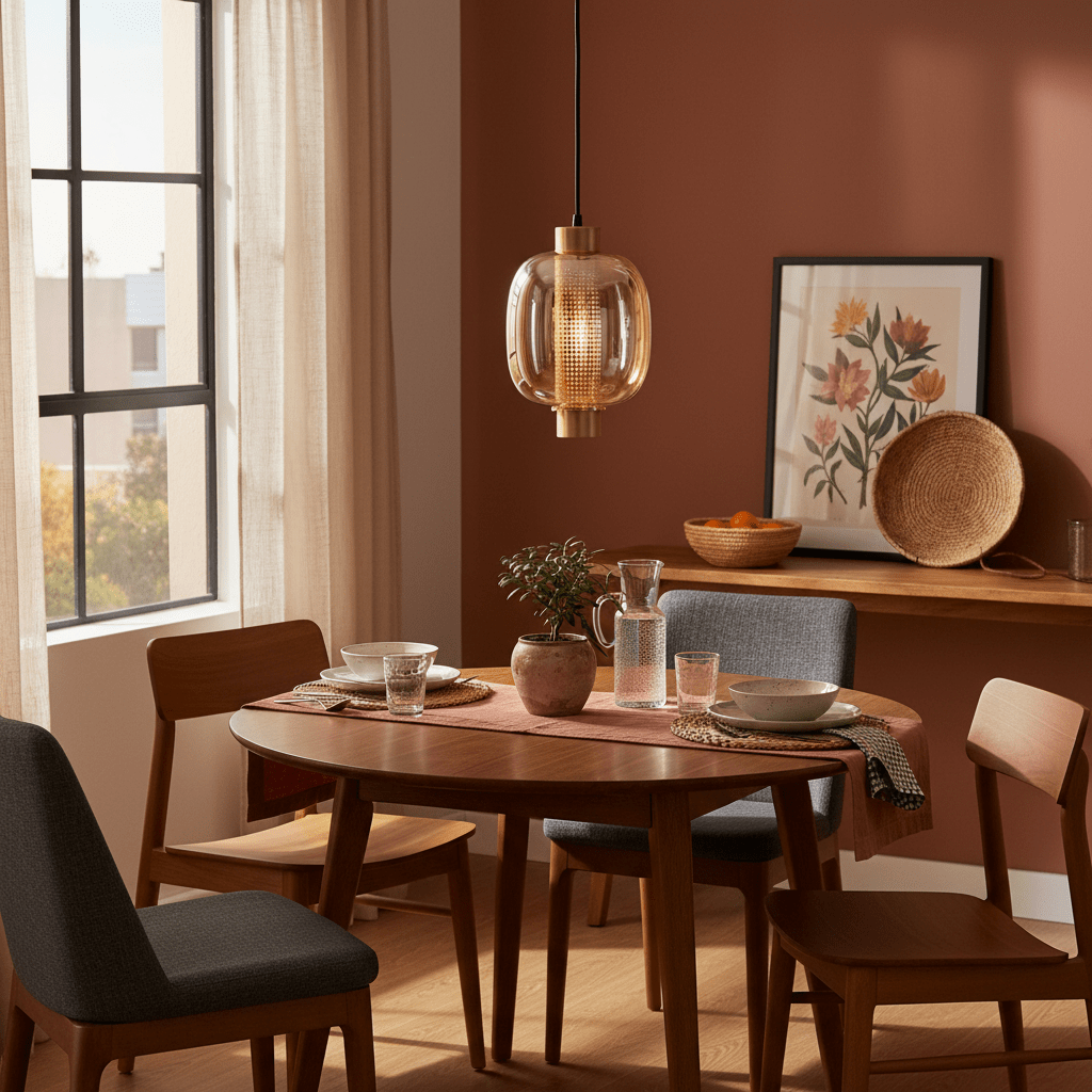 Gold glass pendant light hanging over a wooden dining table set for a meal in a cozy room.