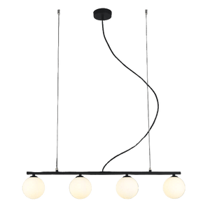 Modern pendant light with four round bulbs on a black background