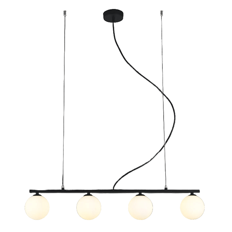 Modern pendant light with four round bulbs on a black background
