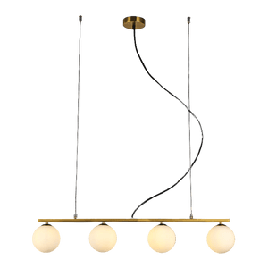 Modern pendant light with four round bulbs on a black background