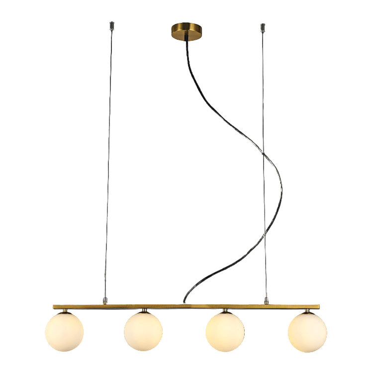 Modern pendant light with four round bulbs on a black background