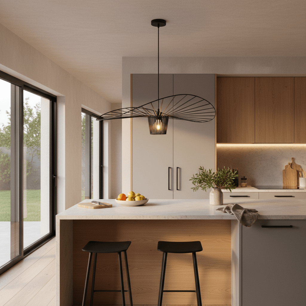 Stylish kitchen featuring the Sensu Large Infinite Black Pendant Light above a modern island with fruit bowl.