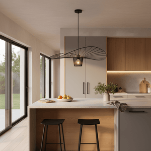 Stylish kitchen featuring the Sensu Large Infinite Black Pendant Light above a modern island with fruit bowl.