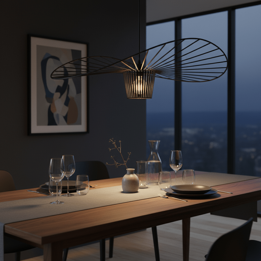 Stylish dining setup featuring the Sensu Large Infinite Black Pendant Light above a wooden table, creating a warm ambiance.