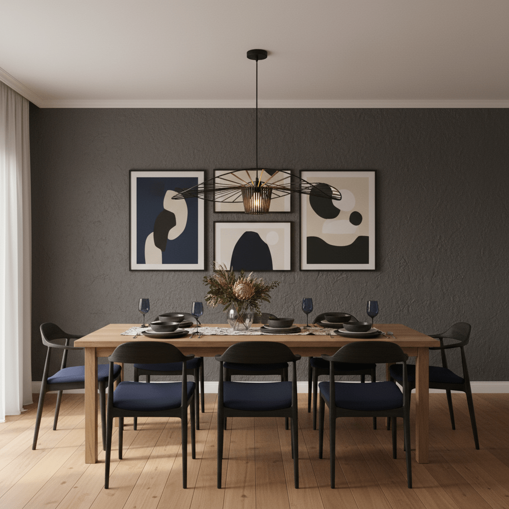 Stylish dining area featuring the Sensu Large Infinite Black Pendant Light above a wooden table set for dinner.