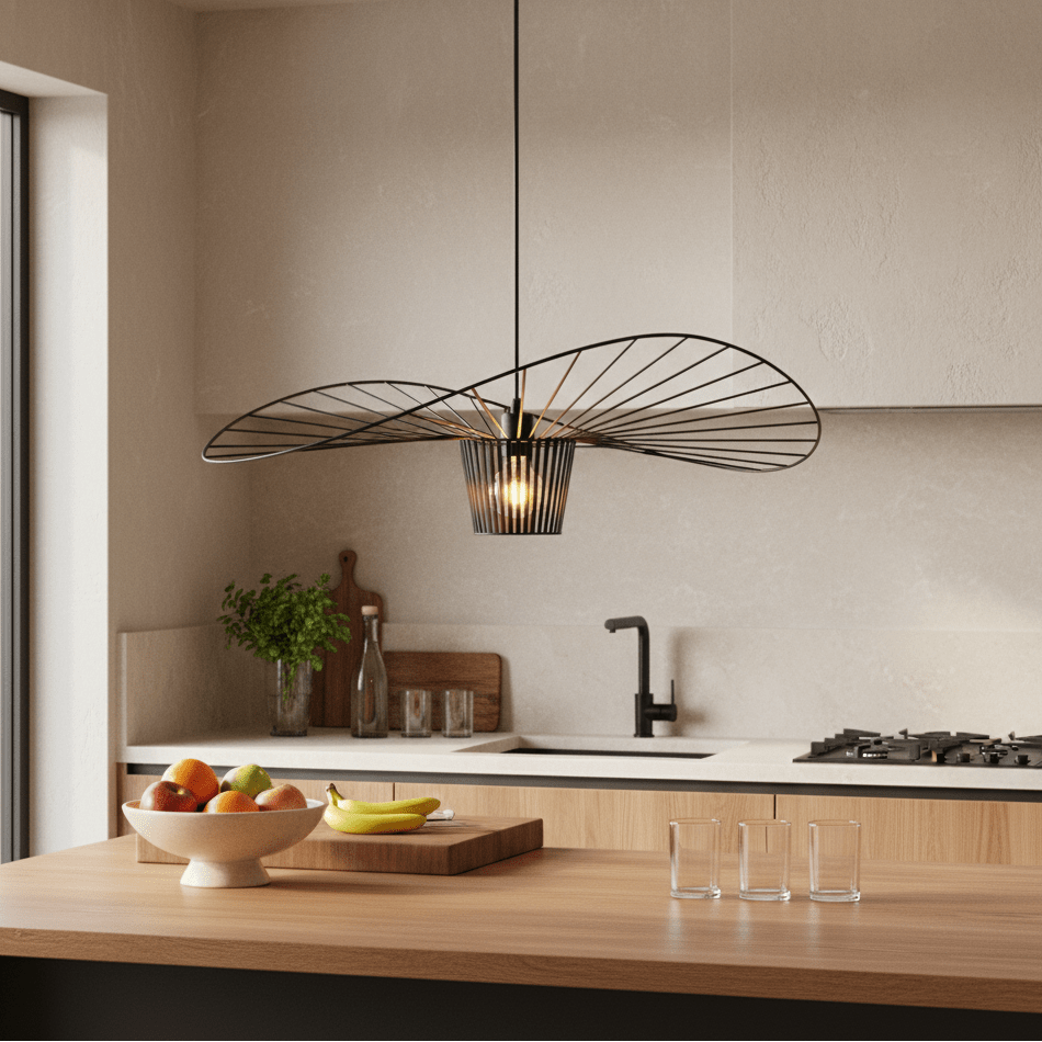 Stylish black pendant light hanging over a wooden kitchen island with fruit and glassware.