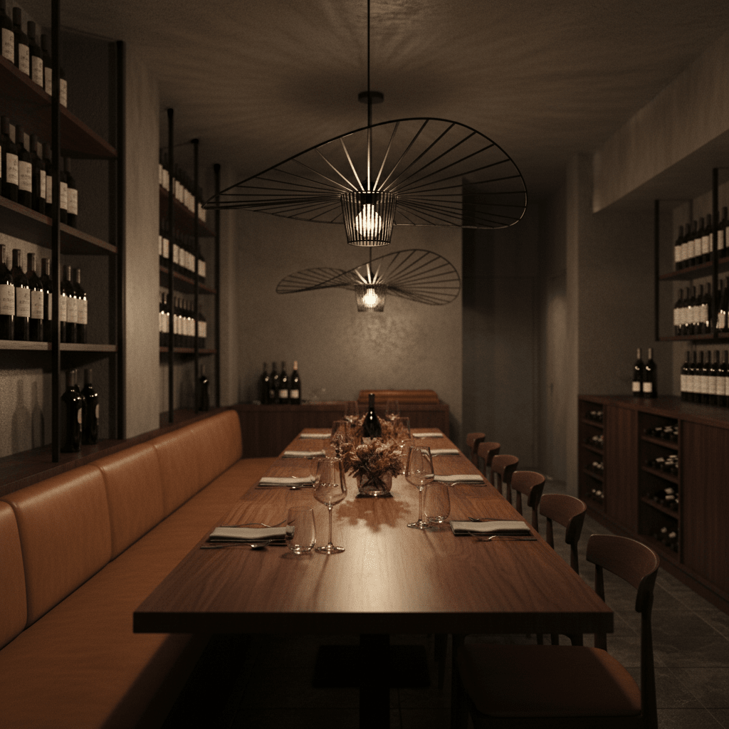 Stylish dining area featuring the Sensu Large Infinite Black Pendant Light above a long wooden table.