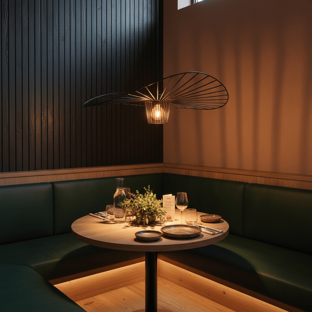 Sensu Large Infinite Black Pendant Light hanging above a round wooden dining table in a cozy setting.