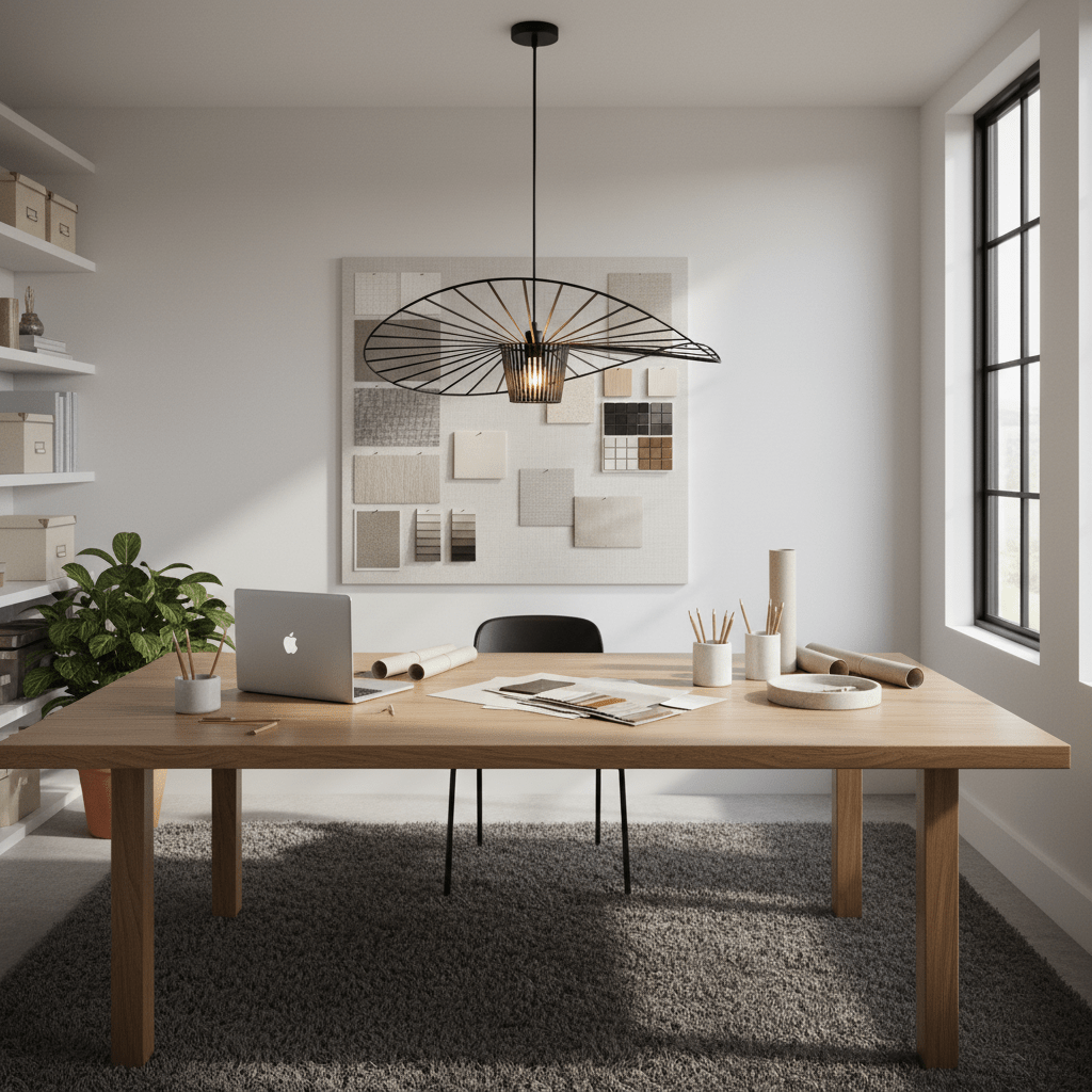 Stylish workspace featuring the Sensu Large Infinite Black Pendant Light above a wooden table with design materials.