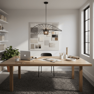 Stylish workspace featuring the Sensu Large Infinite Black Pendant Light above a wooden table with design materials.
