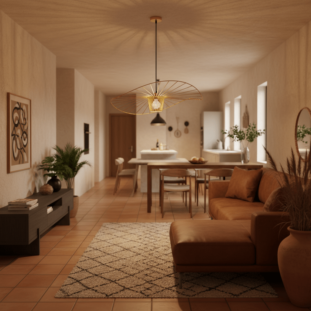 Stylish interior featuring the Sensu Large Infinite Gold Pendant Light above a dining table, with warm tones and modern