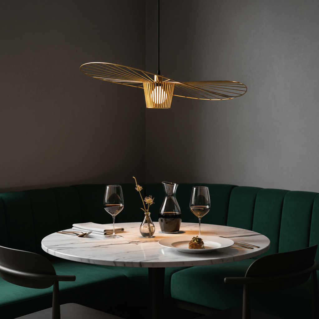 Stylish gold pendant light hanging over a marble dining table with green seating, creating an elegant ambiance.