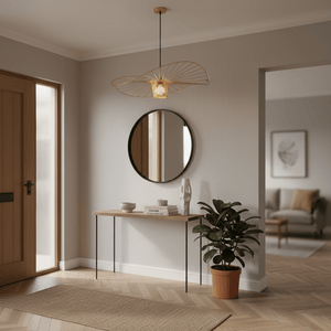 Stylish entryway featuring the Sensu Large Infinite Gold Pendant Light above a wooden console table with decor.
