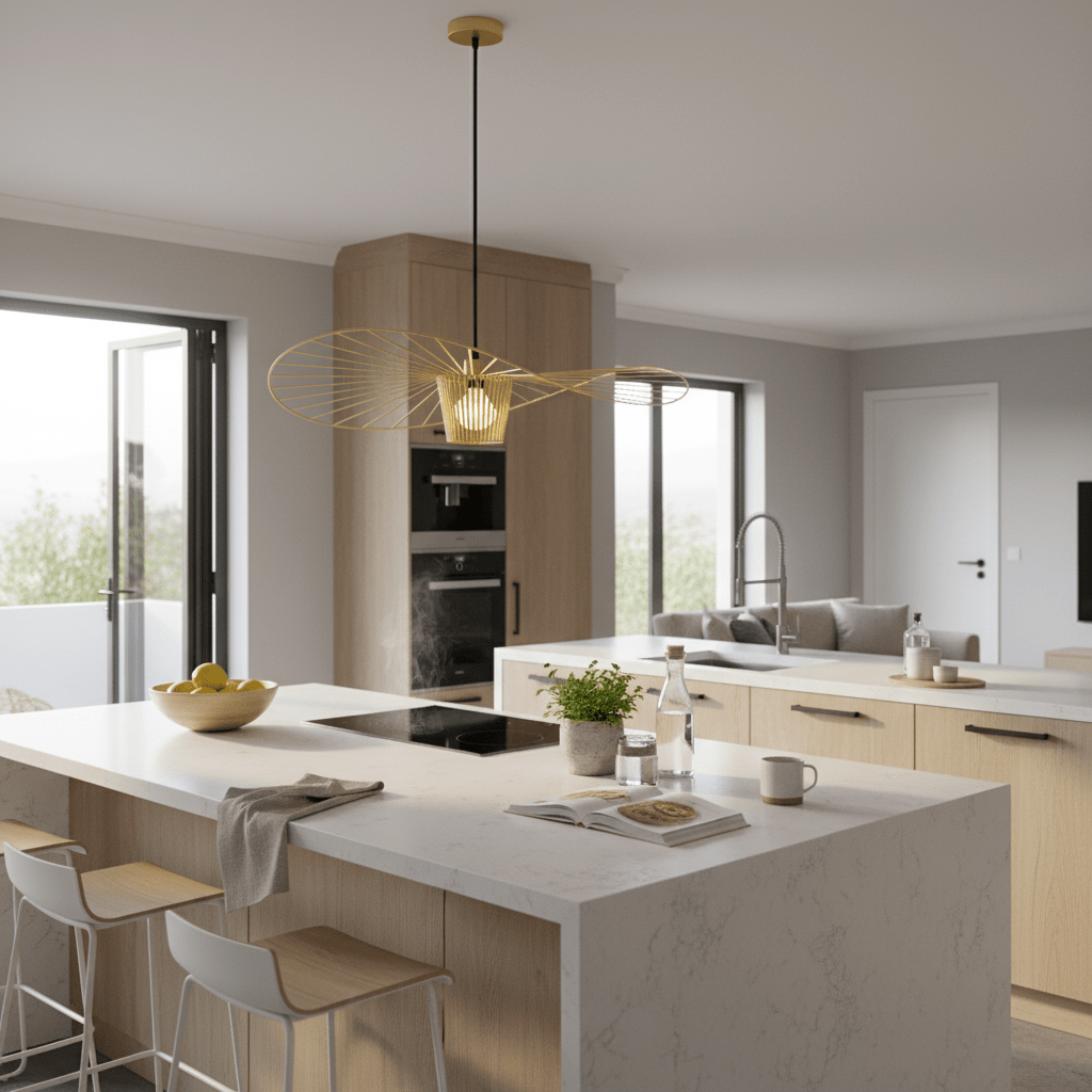 Stylish kitchen featuring the Sensu Large Infinite Gold Pendant Light above a marble island with modern decor.