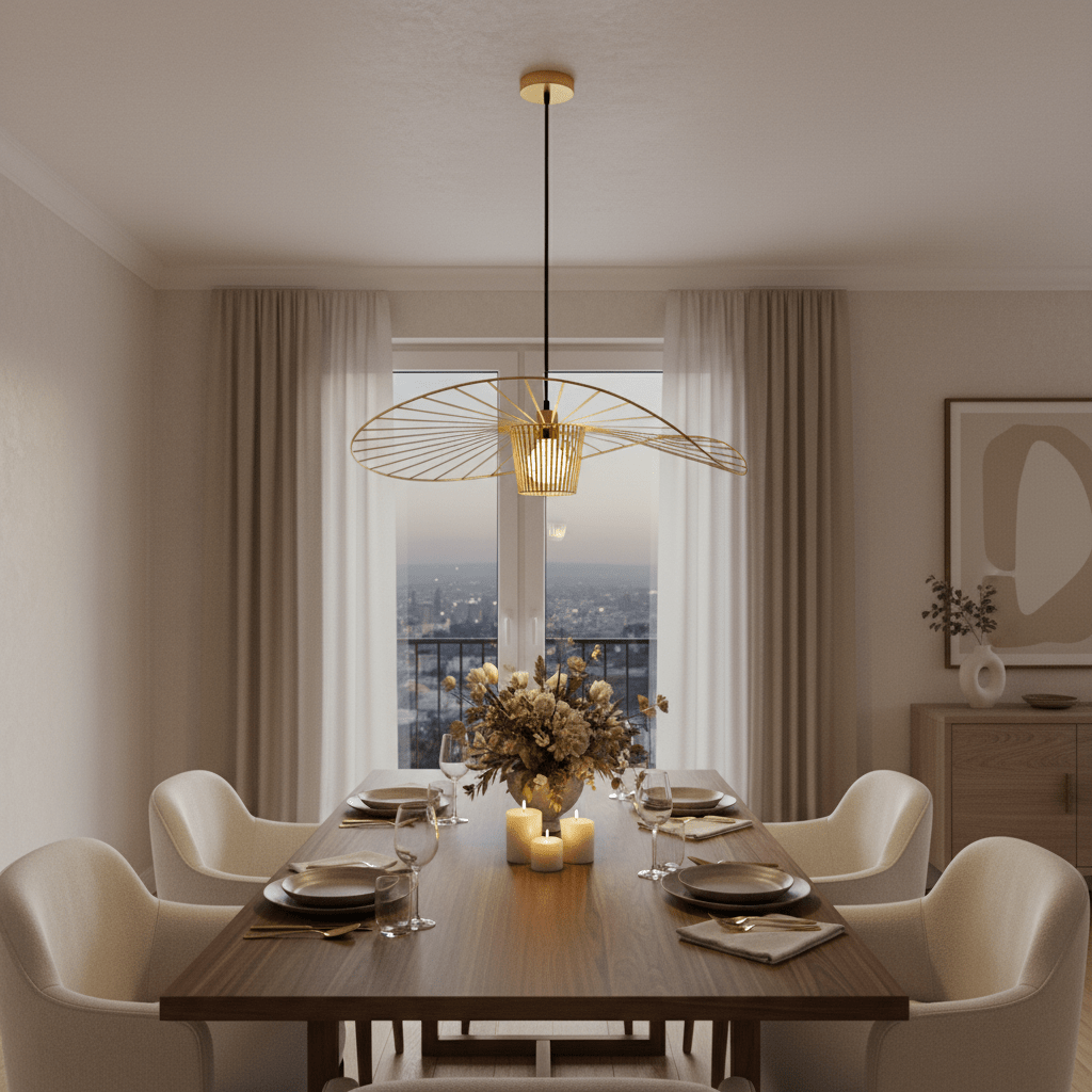 Stylish dining setup featuring the Sensu Large Infinite Gold Pendant Light above a wooden table with elegant tableware.