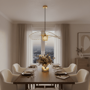 Stylish dining setup featuring the Sensu Large Infinite Gold Pendant Light above a wooden table with elegant tableware.
