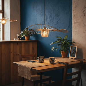 Stylish dining setup featuring the Sensu Large Infinite Gold Pendant Light above a wooden table with decorative elements.