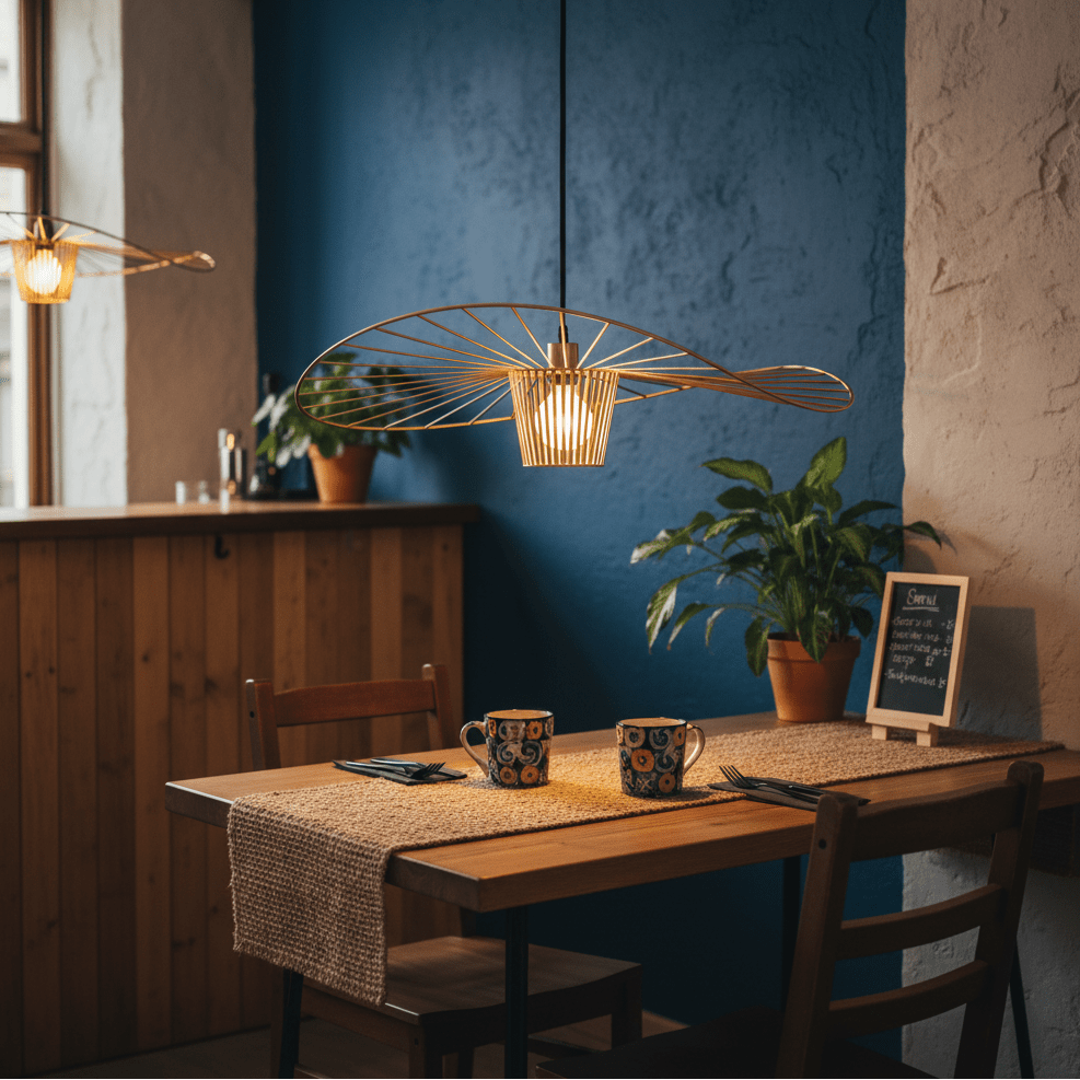 Stylish dining setup featuring the Sensu Large Infinite Gold Pendant Light above a wooden table with decorative elements.